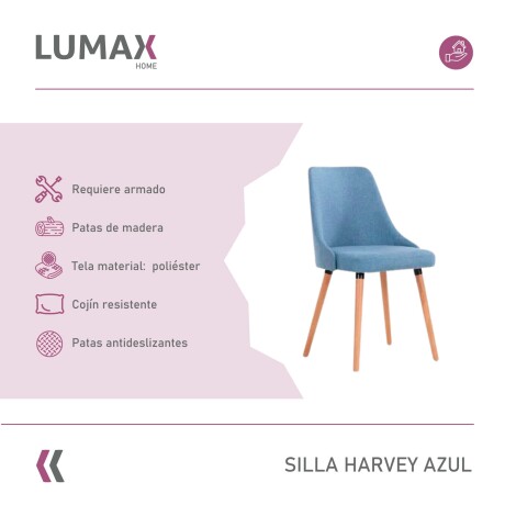 Silla de comedor Lumax modelo Harvey en tela Azul