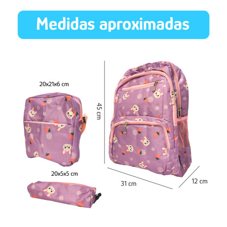 Set Mochila 3 Piezas Diseño Frutillitas Escolar Resistente Lila