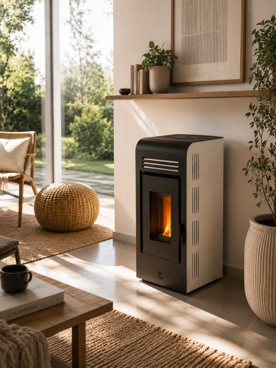 Calefactor Selma a pellet WiFi - con Kit de techo 8kW - Blanco 