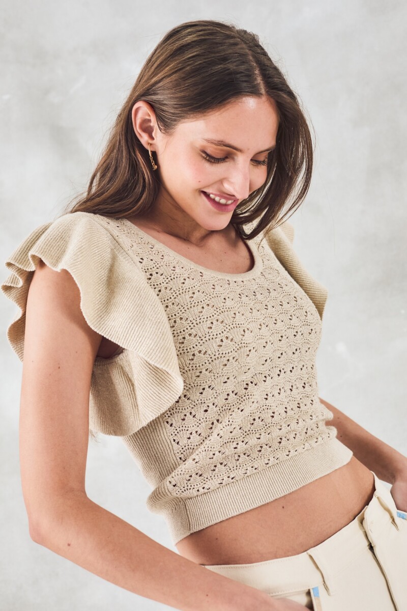 Top Metalizado Manga Volados Beige Melange