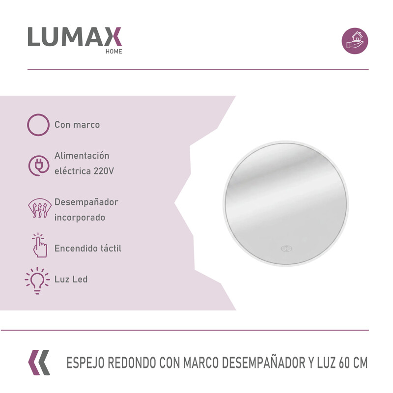 Espejo Lumax Doddy marco redondo con desempañador y luz 60cm Blanco