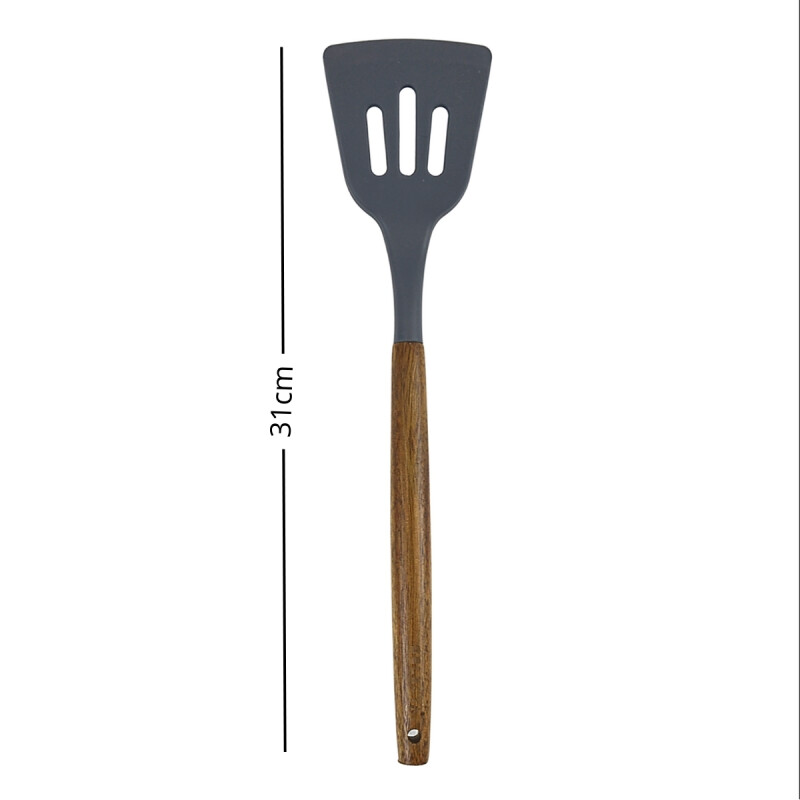 Espatula Ranurada silicona 31cm mango Acacia Gris GRIS