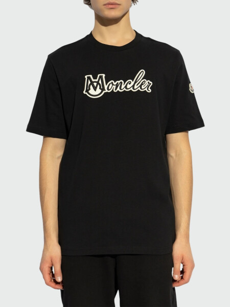 Moncler - Camiseta de Algodón con Logotipo Universitario Bordado Negro