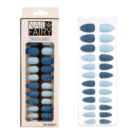 Set De Uñas Postizas Lisa Punta Ballerina Brillos Azul