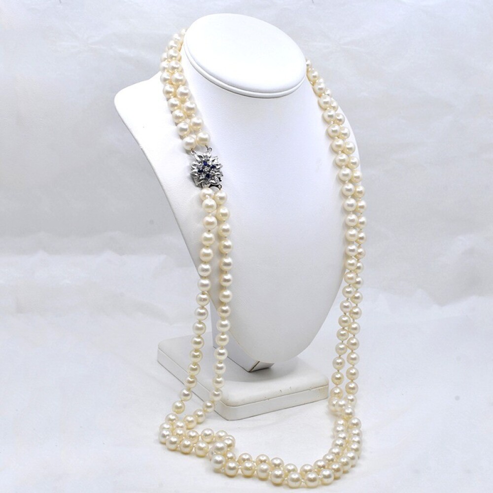 Collar De Perlas De Cultivo, 2 Hilos, Broche Con Brillantes Y Zafiros Collar De Perlas De Cultivo, 2 Hilos, Broche Con Brillantes Y Zafiros