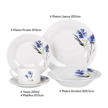 Juego Vajilla Porcelana 20 Piezas Platos Llanos Hondos Tazas Flores Azules