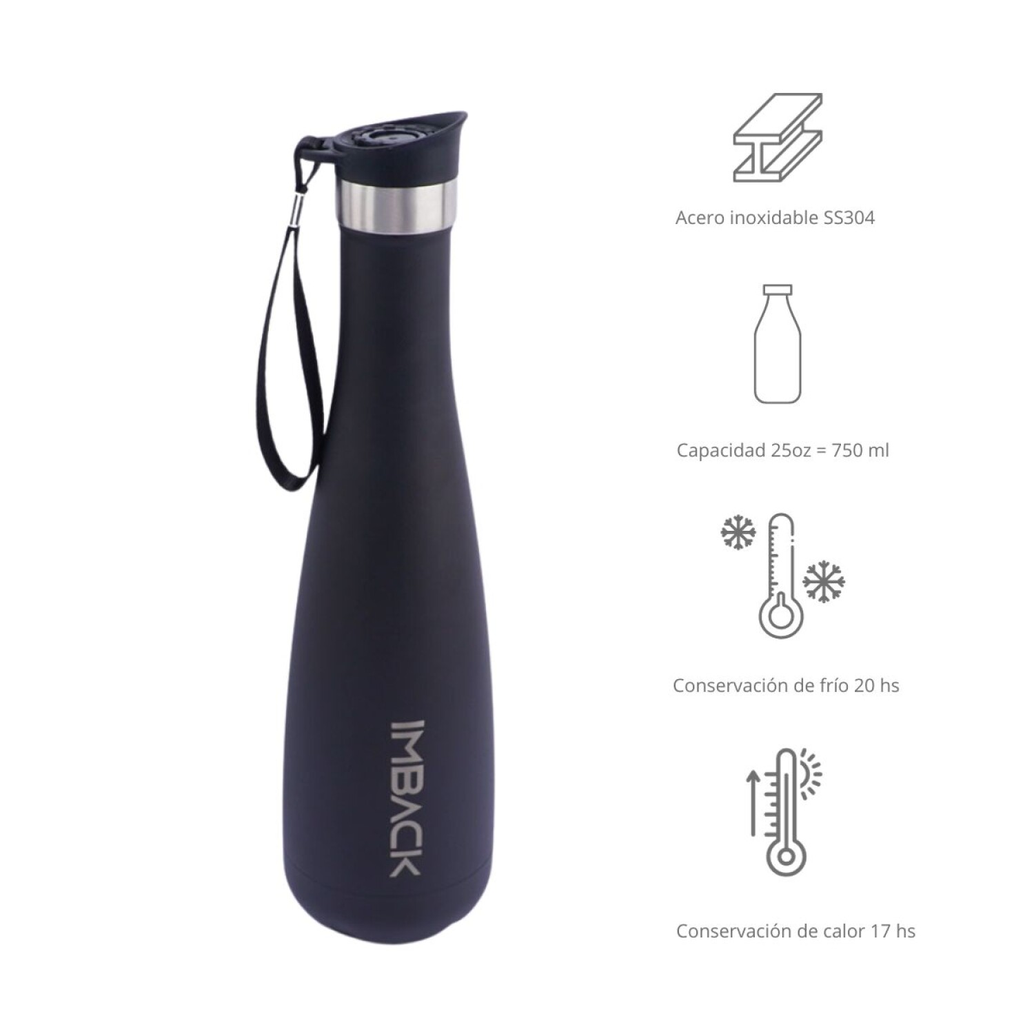 Botella de Agua Térmica de Acero Inoxidable Termo de 750 ml Diseño  Estilizado Color Negro — Clemur