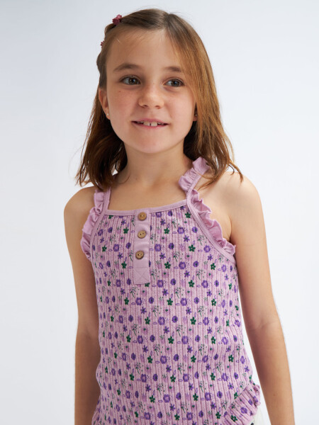 Camiseta en rib sin mangas con flores Lila