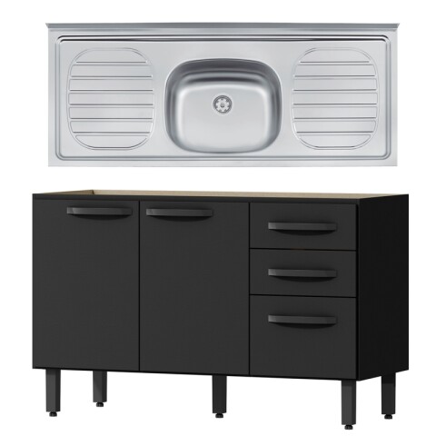 Bajo Mesada 3 Puertas y 2 Cajones con Pileta Central Tramontina Acero Inox - Negro Bajo Mesada 3 Puertas y 2 Cajones con Pileta Central Tramontina Acero Inox - Negro