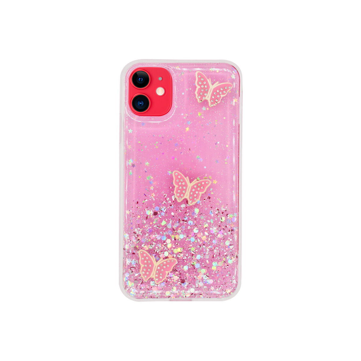 Protector para iPhone 11 diseño mariposa y brillos rosa 