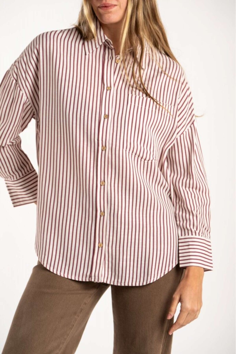 Camisa Rayada Con Lino - Burdeos 