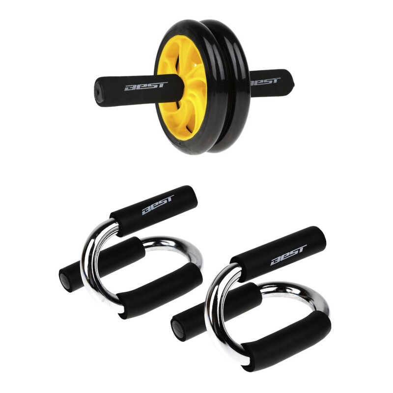 Kit fitness rueda, bandas elásticas, mancuernas y soporte para flexiones Best Kit fitness rueda, bandas elásticas, mancuernas y soporte para flexiones Best