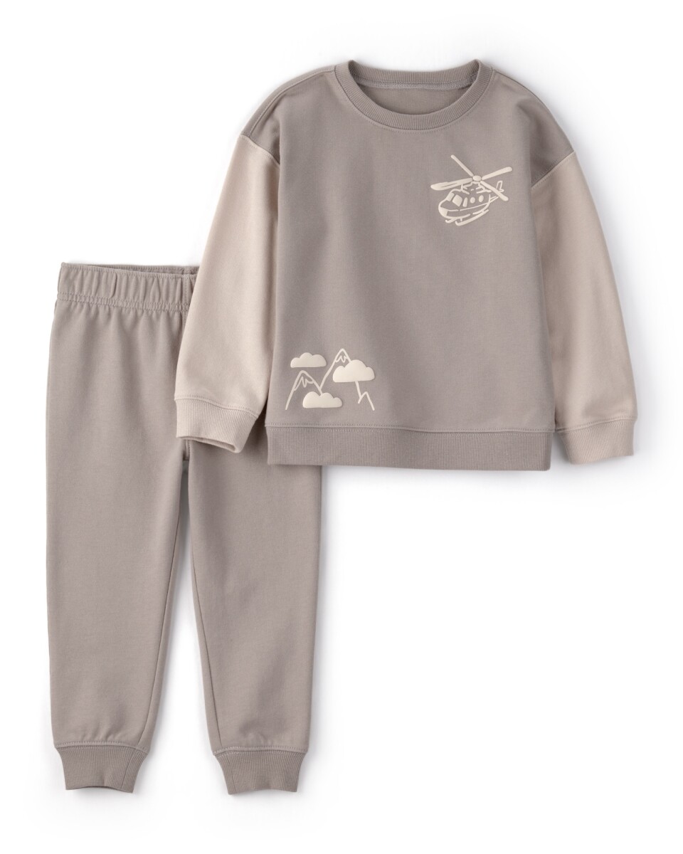 Set dos piezas de algodón, pantalón y buzo, gris, estampa helicóptero 