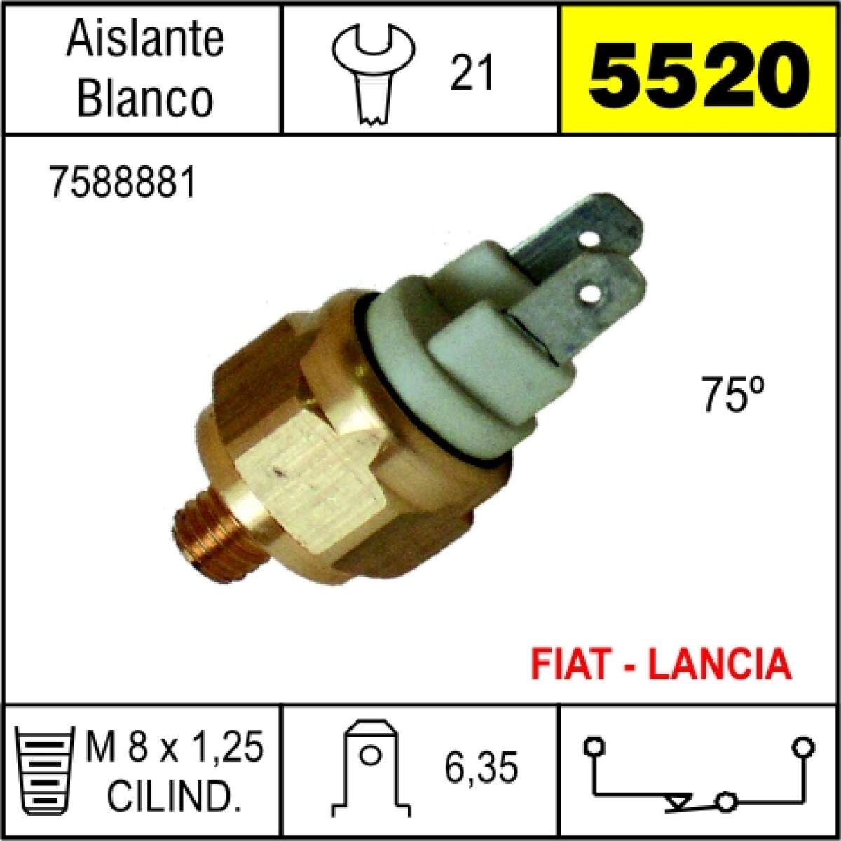 BULBO INTERRUPTOR - TERMOVALVULA FIAT 2P BLANCO 8X1.25 - 