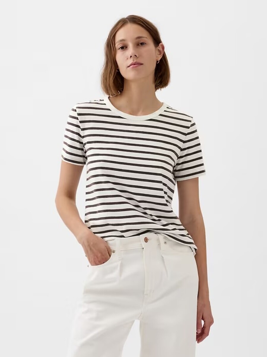 Remera Básica Cuello Redondo Manga Corta Mujer - White Black Stripe 