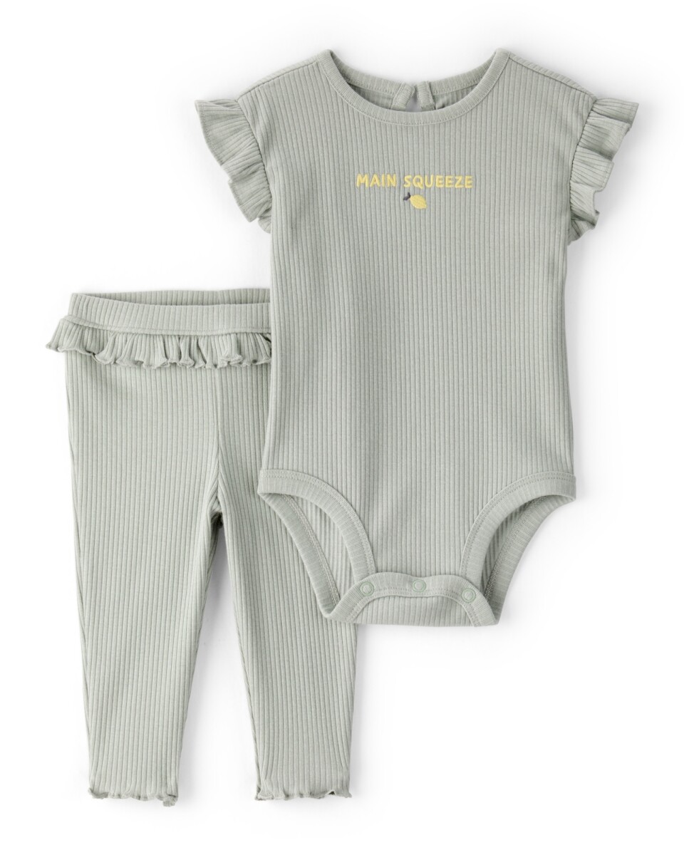 Set dos piezas de algodón acanalado, pantalón y body con volados, verde 