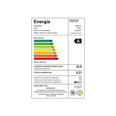 HELADERA JAMES FRÍO SECO 452-LITROS BLANCO RJ 571 INVERTER