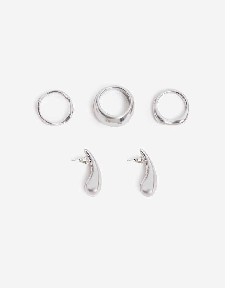 Bijouterie Set Metal Set De Aros Y Anillos Metal - Plateado Rodio