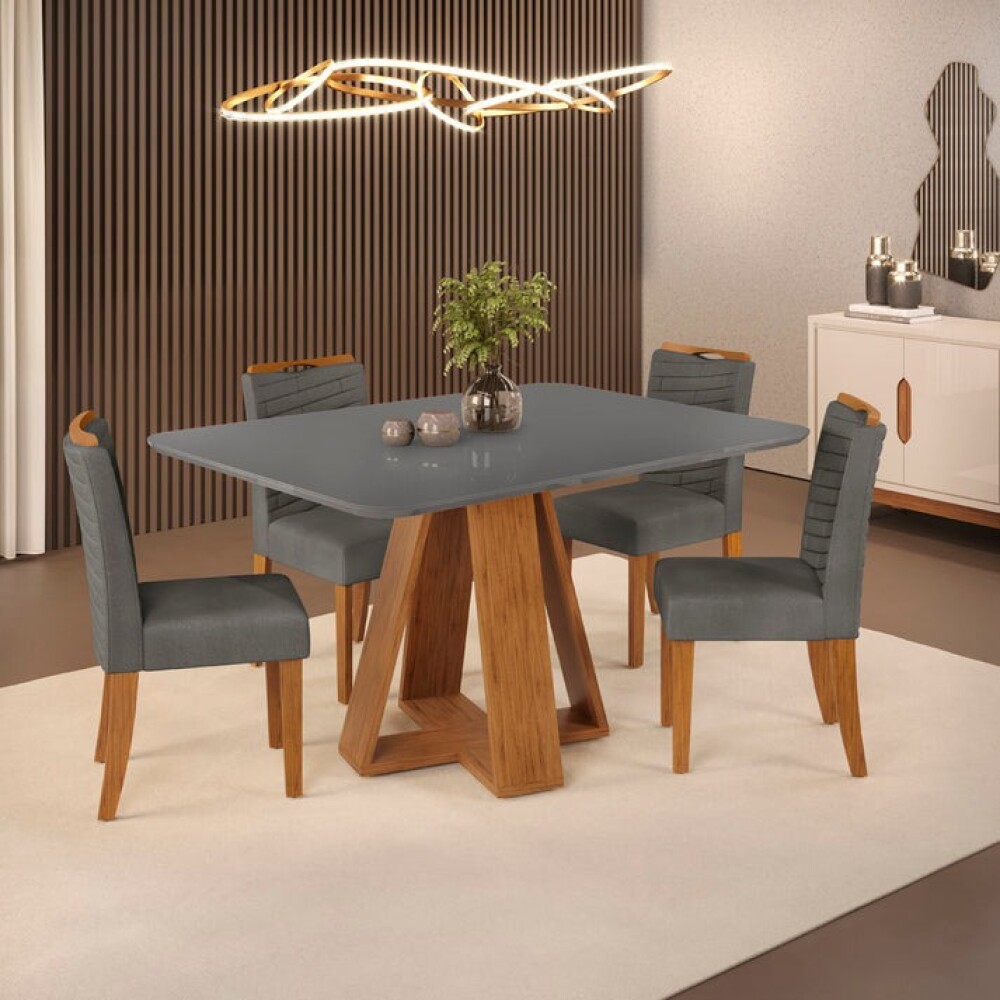 Juego De Comedor - 4 Sillas + Mesa Tapa De Vidrio - Celeste Gris / Gris