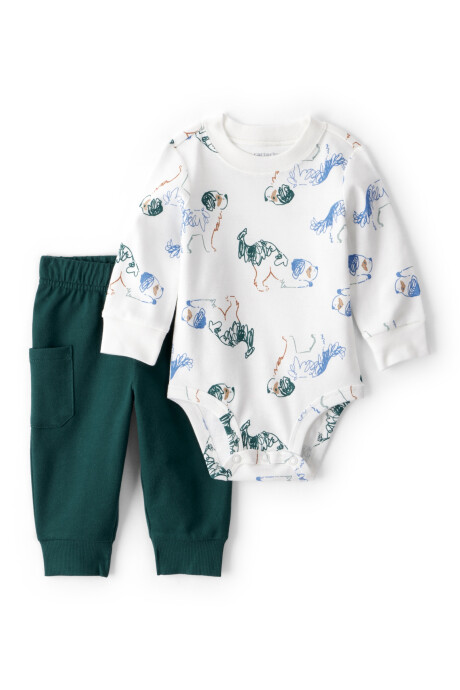 Set dos piezas de algodón, pantalón verde y body, diseño perros Sin color