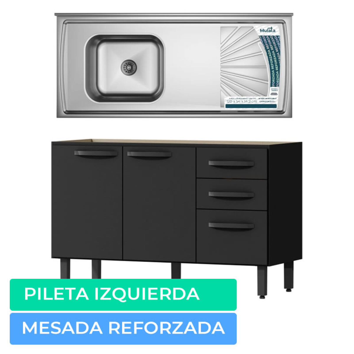 Combo de Cocina Bajo Mesada 3 Puertas 2 cajones + Pileta Izquierda Reforzada con Hormigón Célular Negro 