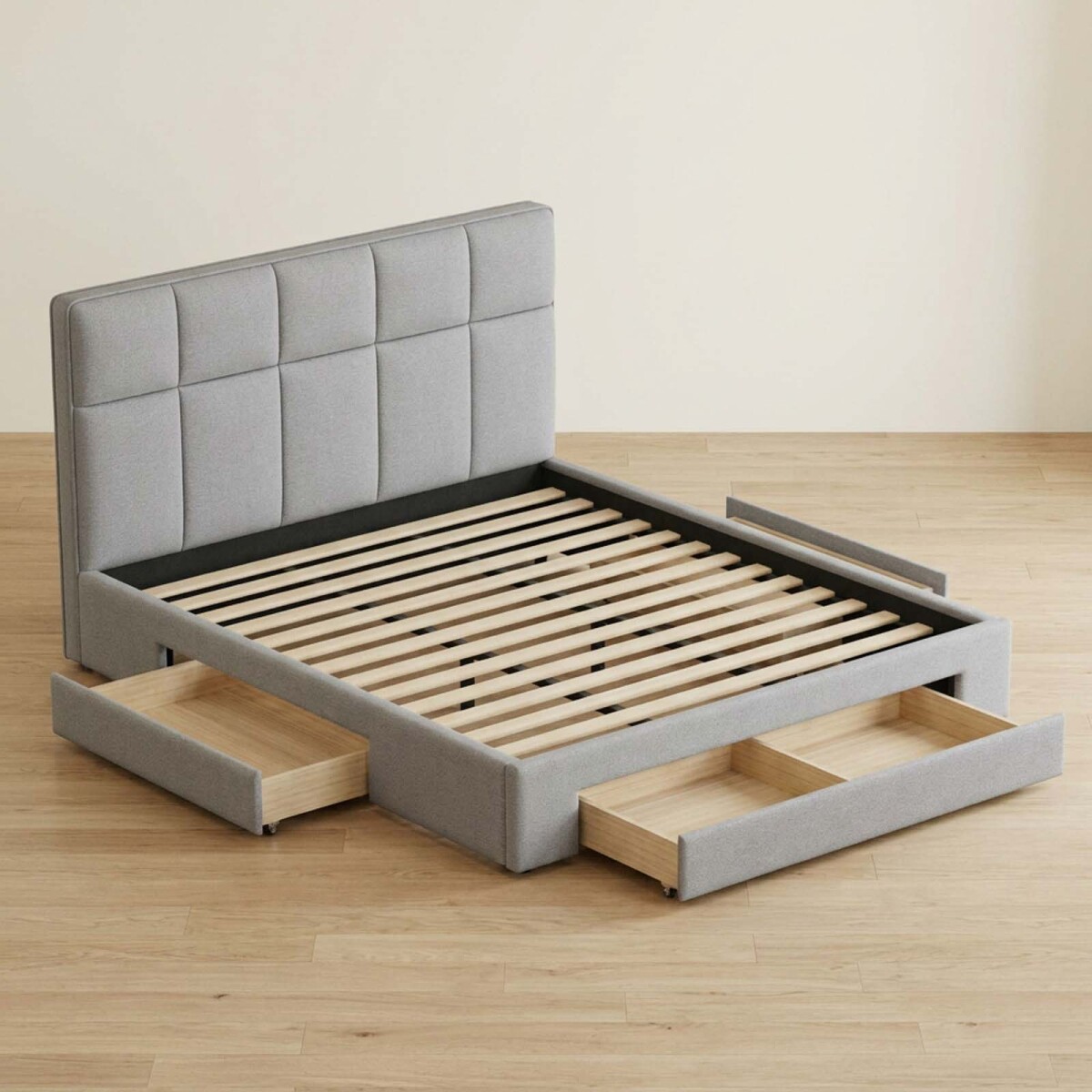 CAMA C/CAJONES - 2 PLAZAS MADERA-Y-TELA GRIS GRANATE 