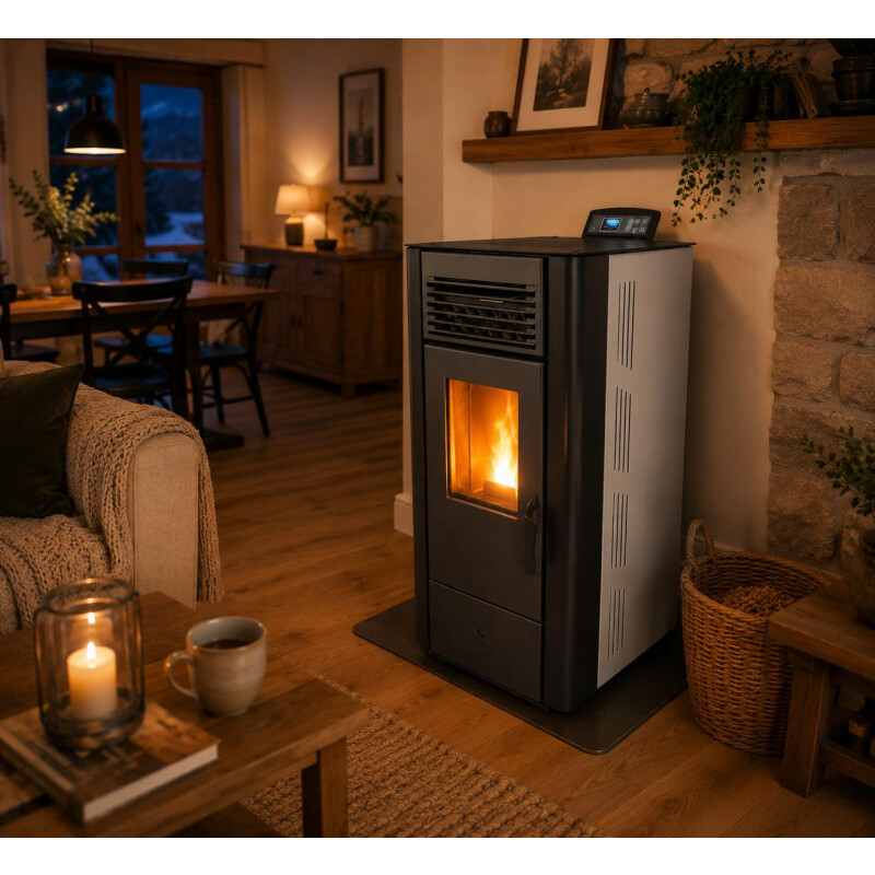 Calefactor Selma a pellet WiFi - con Kit de techo 10kW Blanco