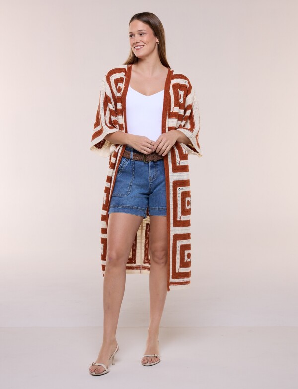 Cardigan Largo Crochet Mangas Kimono TERRACOTA