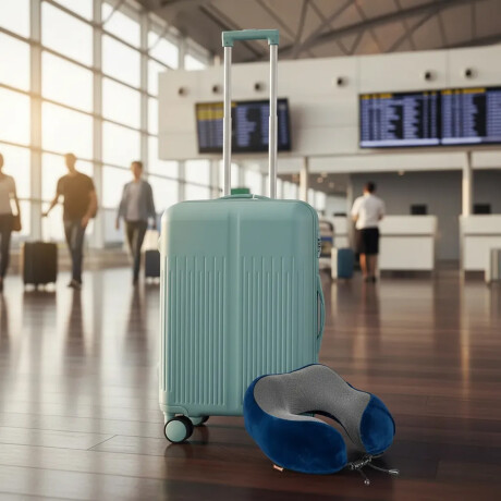 Set Valija Carry On Rígida + Almohadón Cervical Memoria Azul Celeste