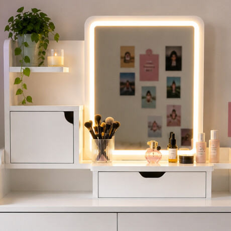 Escritorio tocador vanity con espejo y banquito Blanco