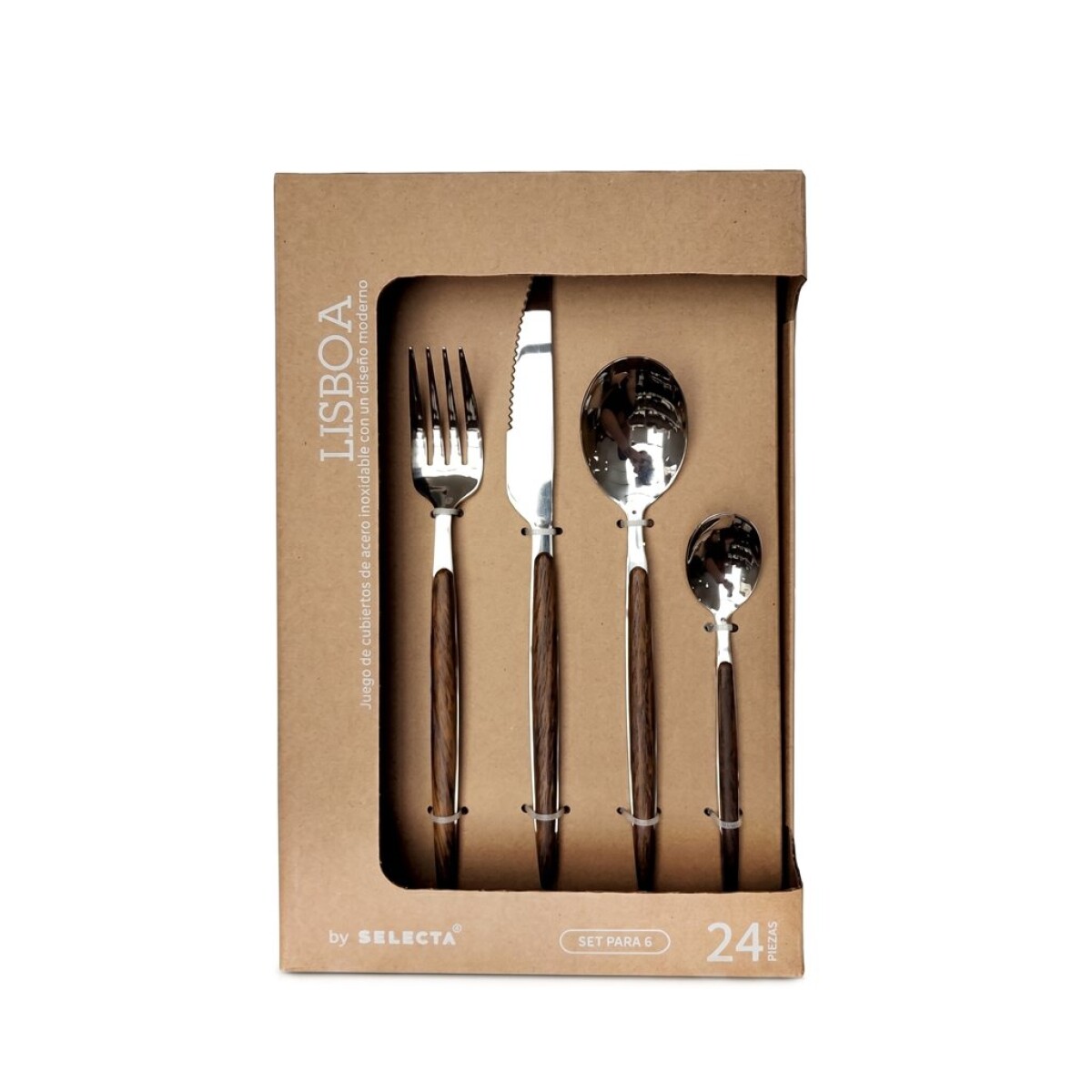 SET 24 PIEZAS CUBIERTOS MANGO MADERA "LISBOA" 