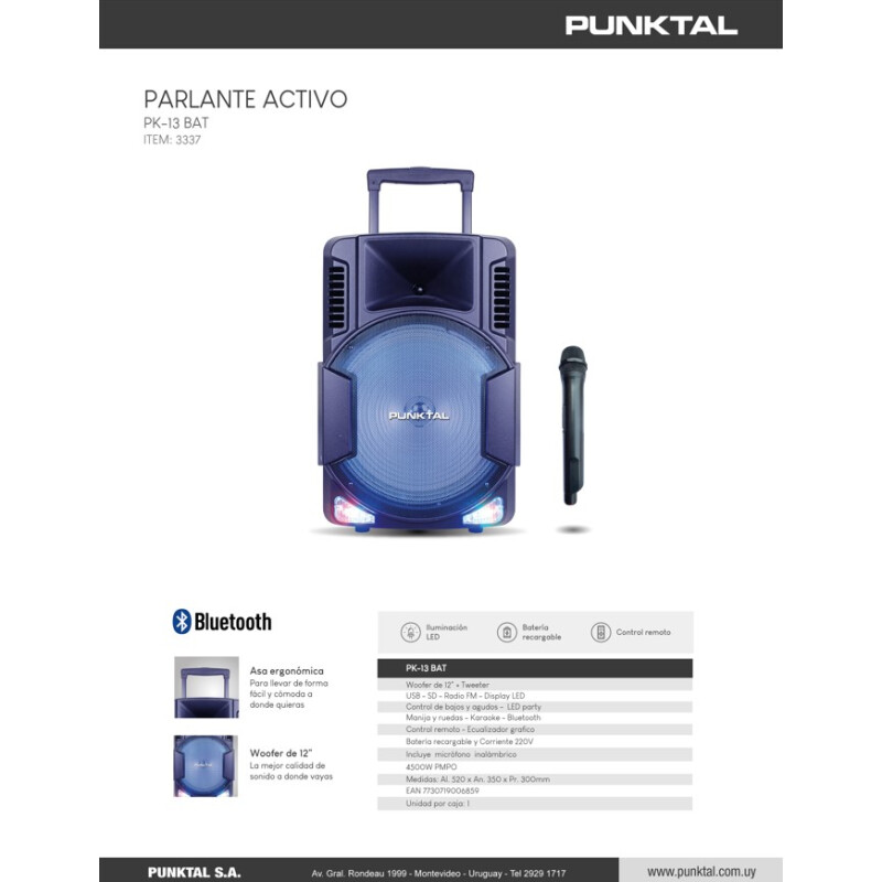 Parlante Activo PK-012 BAT 12" | Bluetooth | USB | Micrófono | LED | Batería Recargable Parlante Activo PK-012 BAT 12" | Bluetooth | USB | Micrófono | LED | Batería Recargable