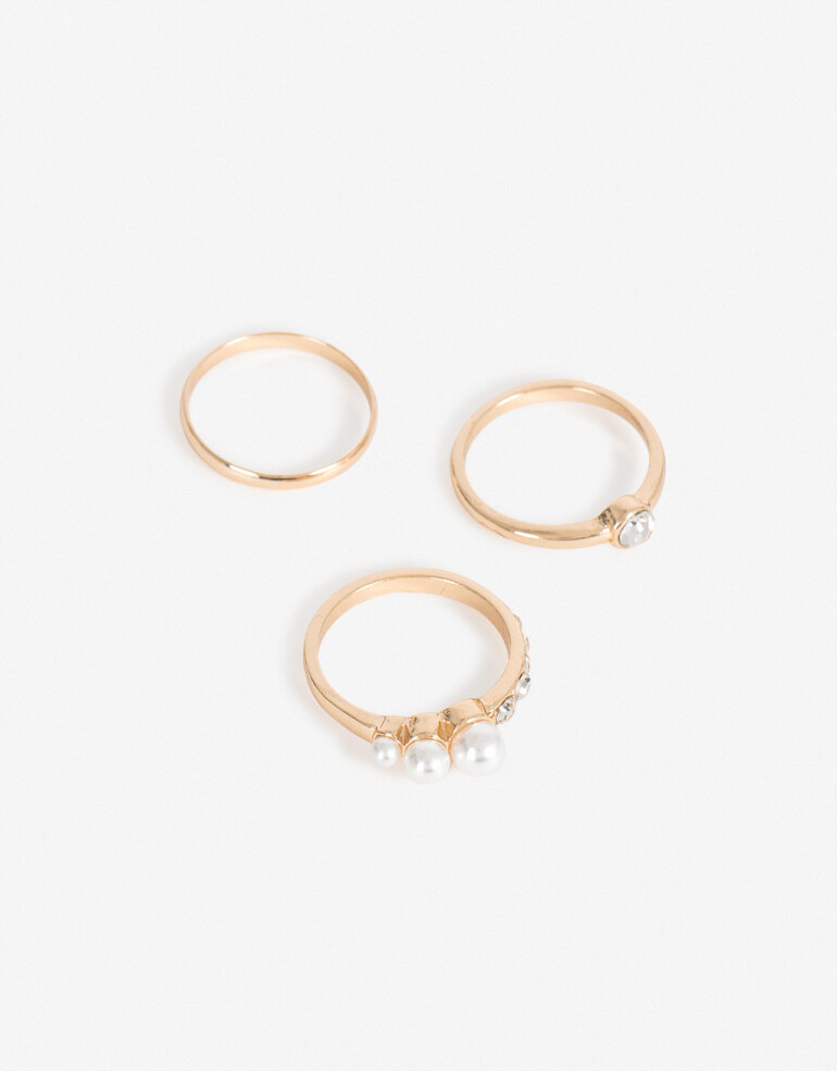 Sets Anillos Perlas Set De 3 Anillos Strass Y Perla - Dorado