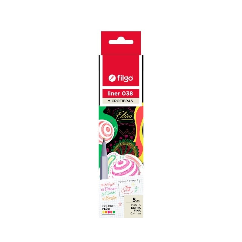 Microfibra Liner 038 0.4 - Estuche x5 Flúo Filgo #FILGO MICROFIBRA LINER 038 0.4 - ESTUCHE 5 FLÚO