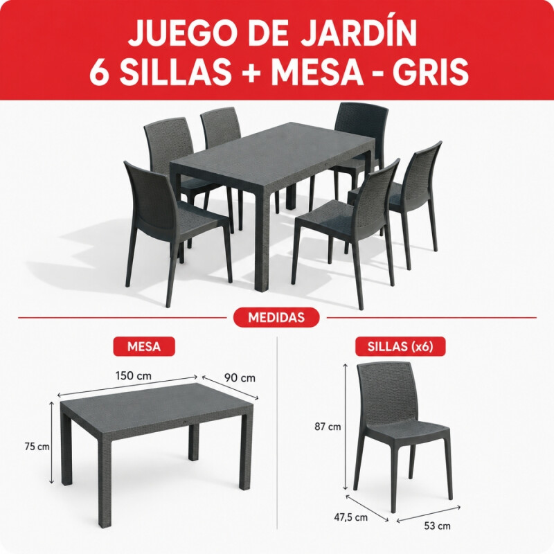 Juego de jardín 6 sillas Natura + mesa 90x150 GRIS