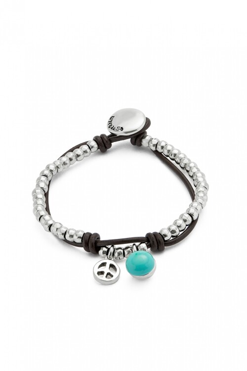 PULSERA DE BOLAS EN ALEACIÓN DE METALES BAÑADAS EN PLATA DE LEY CON CUERO Y MURANO TURQUESA Pulsera