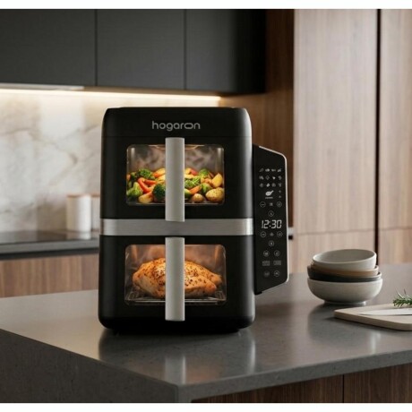 Freidora de Aire Doble Canasto Vertical HOGARON HGAF12DBK 2400W Capacidad 9L Con Panel Digital Y Visor Freidora de Aire Doble Canasto Vertical HOGARON HGAF12DBK 2400W Capacidad 9L Con Panel Digital Y Visor