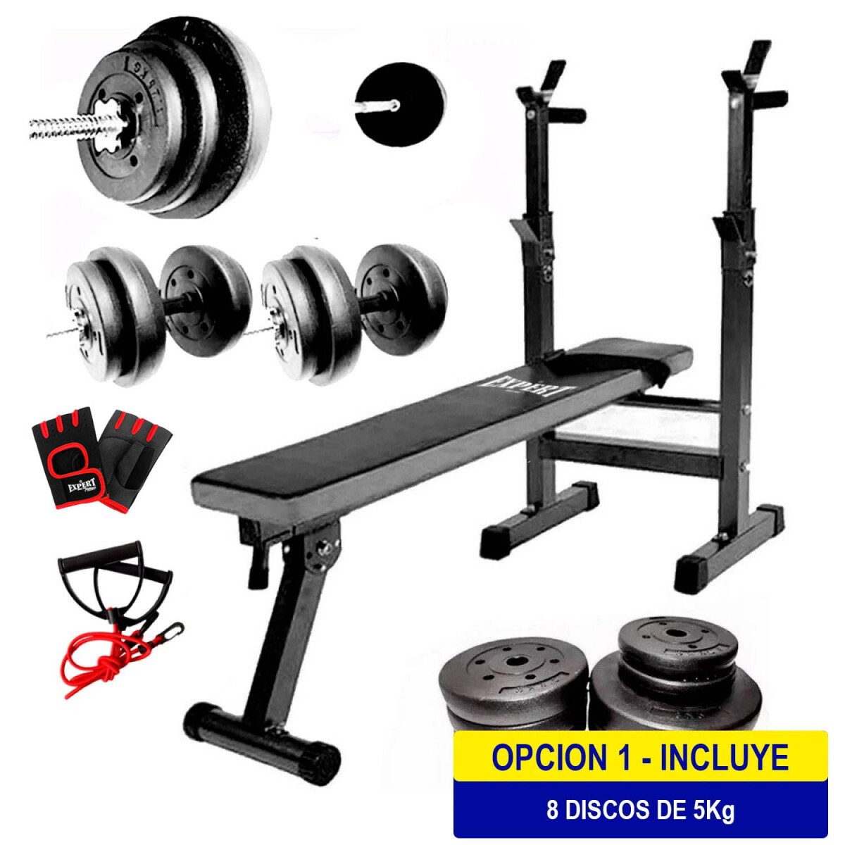 Banco De Pecho + Barra 1.50m + 2 Mancuernas + 40kg - Cmb000677 