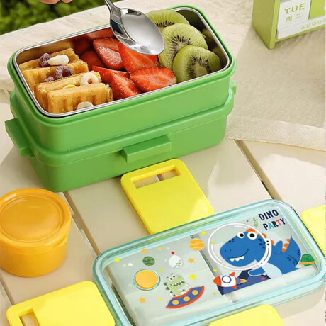 Vianda doble piso con cubiertos, division y tapa Verde