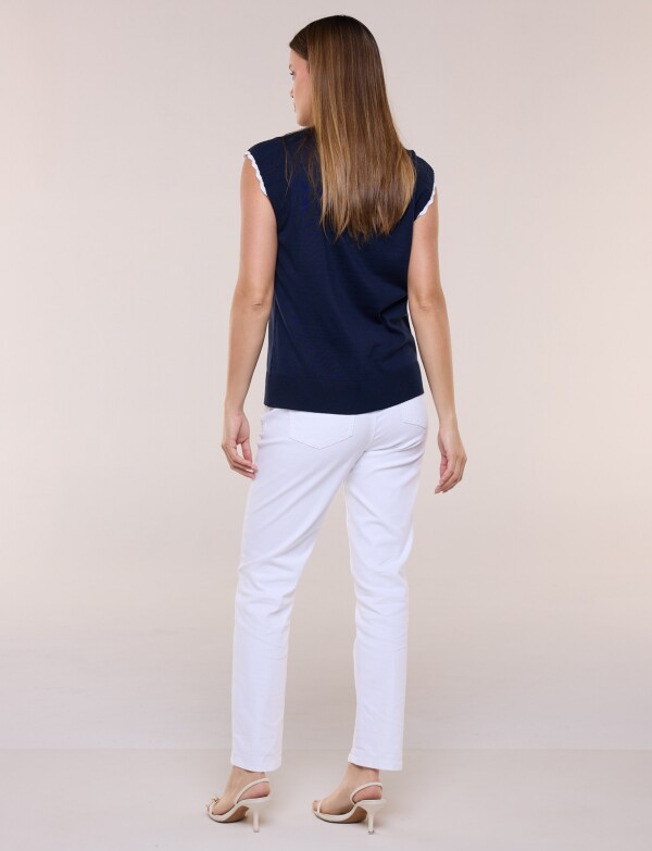 Blusa Tejida Sin Mangas Con Bordes Festoneados AZUL