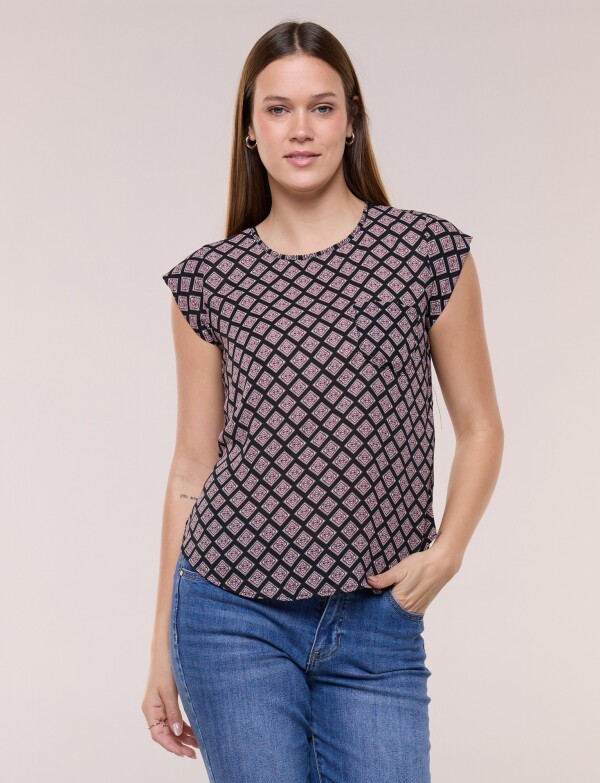 Blusa De Gasa Manga Corta Con Bolsillo Frontal NEGRO/MULTI