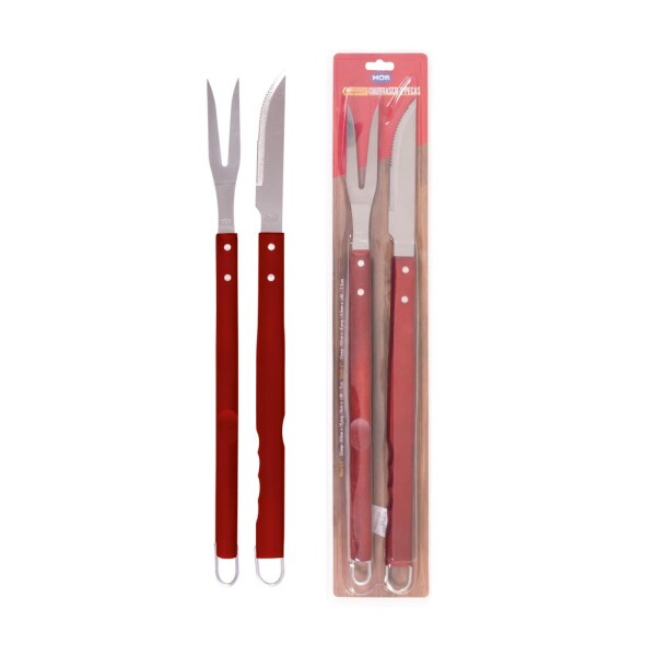 KIT ASADO 2 PIEZAS CUCHILLO Y TENEDOR MADERA MARRON