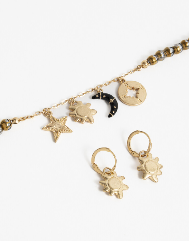 Bijouterie Set Metal Set De Argollas Y Collar Con Dijes Sol - Dorado Oro Amarillo