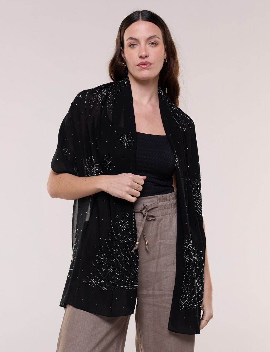 Pashmina De Gasa Con Apliques De Strass - Negro/plateado 