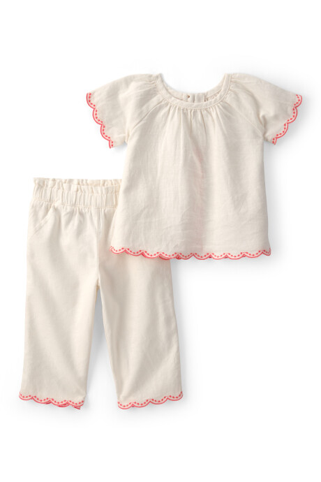 Set dos piezas de lino, pantalón y blusa, crema, ribetes bordados Set dos piezas de lino, pantalón y blusa, crema, ribetes bordados