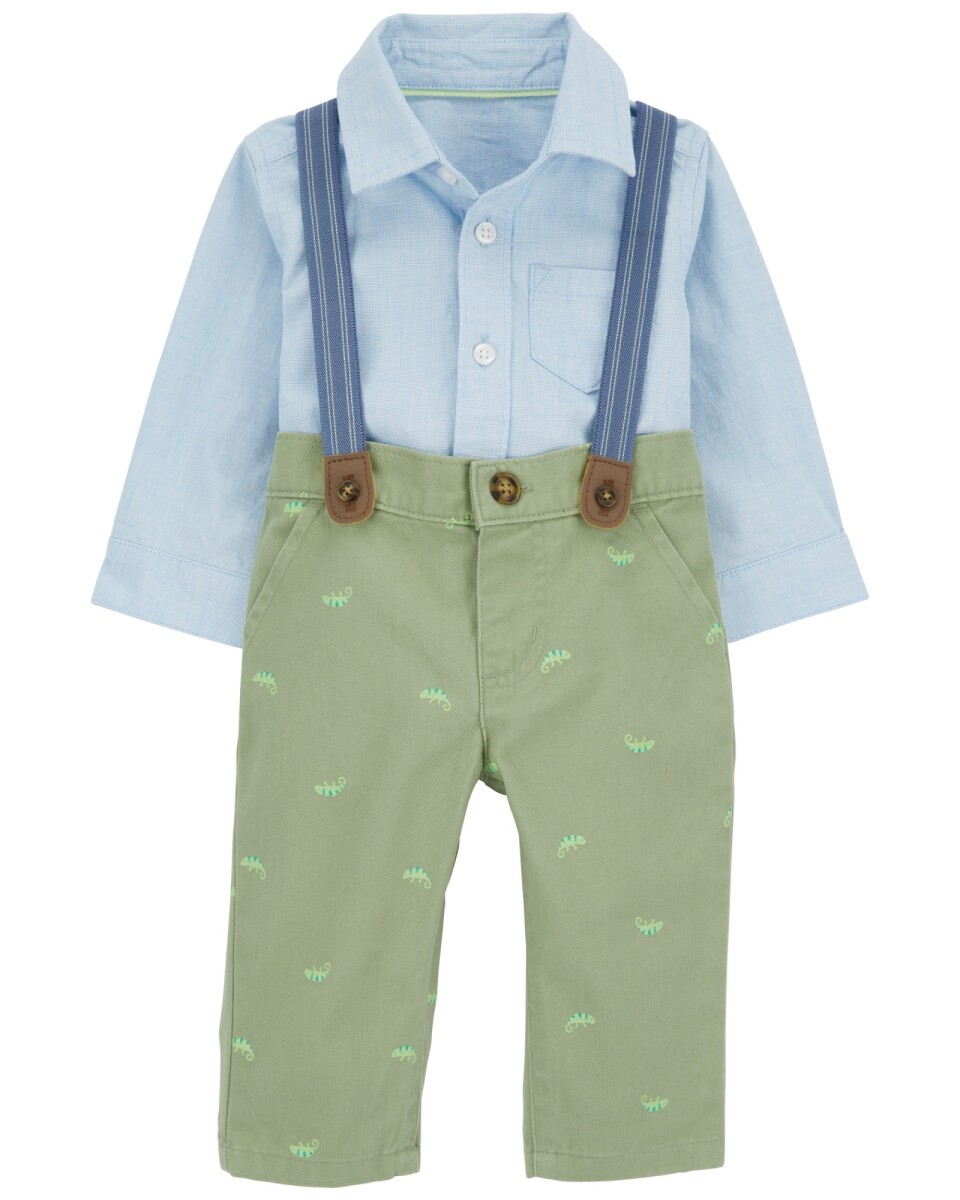 Set tres piezas de algodón, pantalón, body camisa y tiradores 