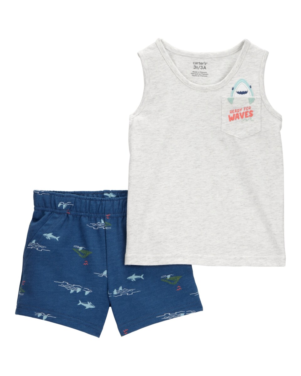 Set dos piezas de algodón, short y musculosa, diseño tiburón 