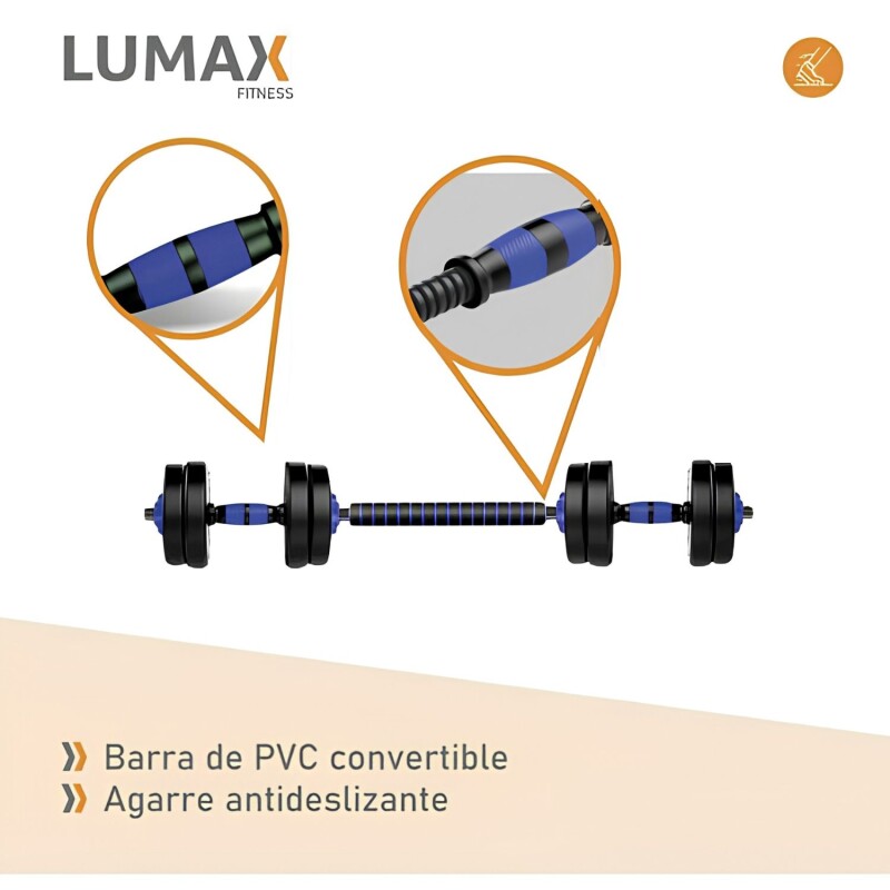 Set 2 Mancuernas Lumax + Barra 2 En 1 + 20kg Discos Pesas Azul