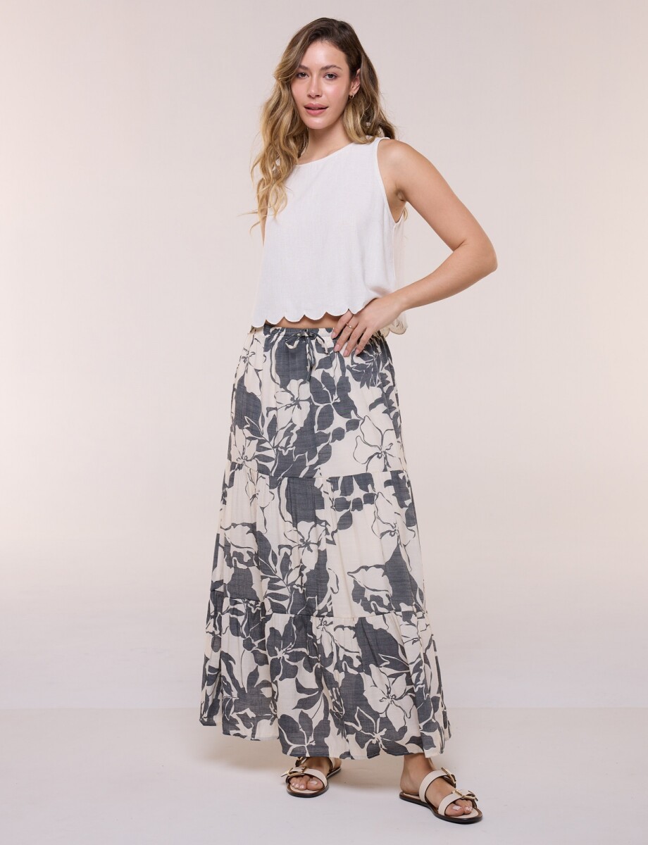 Falda Floral Con Volados Escalonados - Negro/beige 