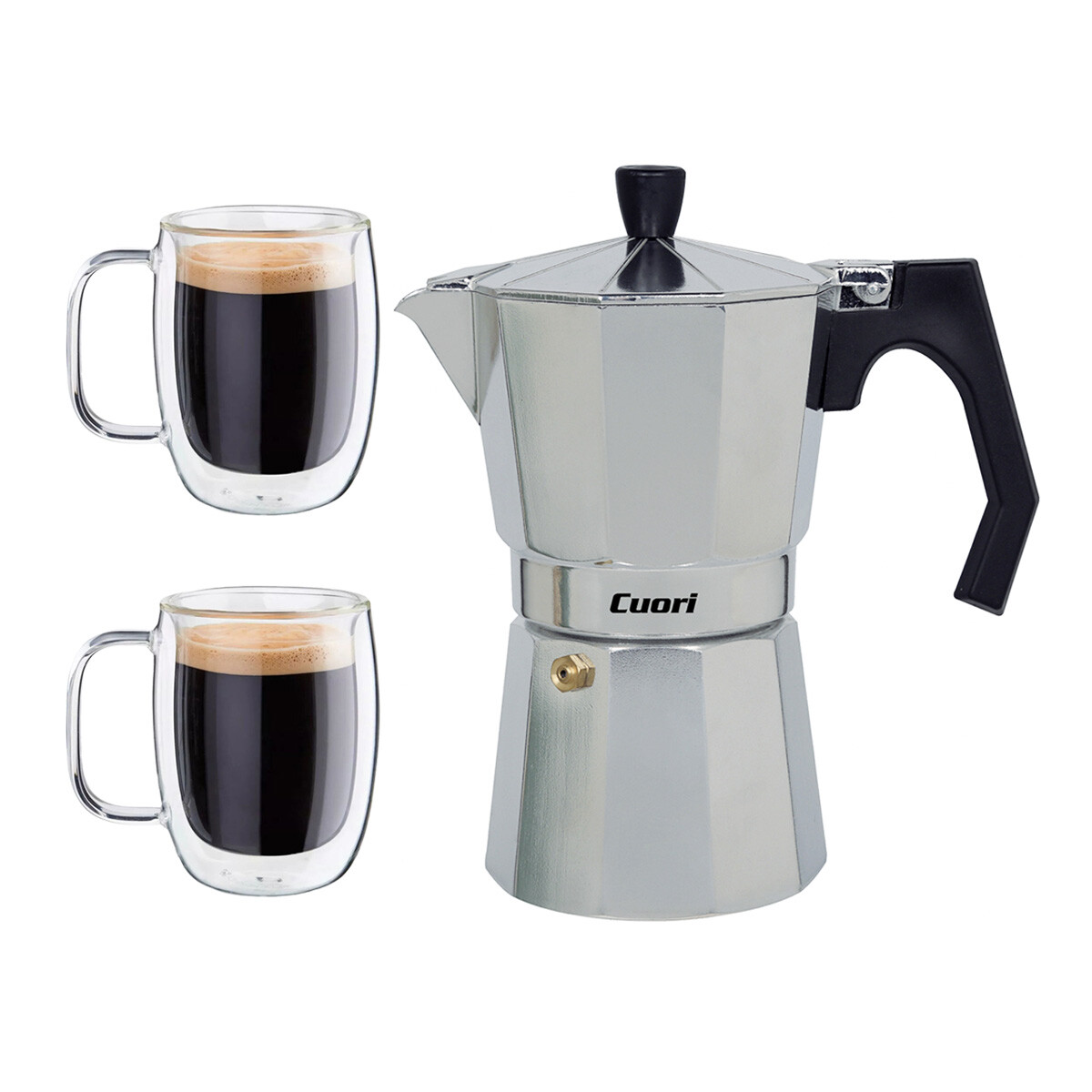 Set Cafetera Italiana Cuori 9Tz + 2 Tazas Café Vidrio 350Ml - Plateado 